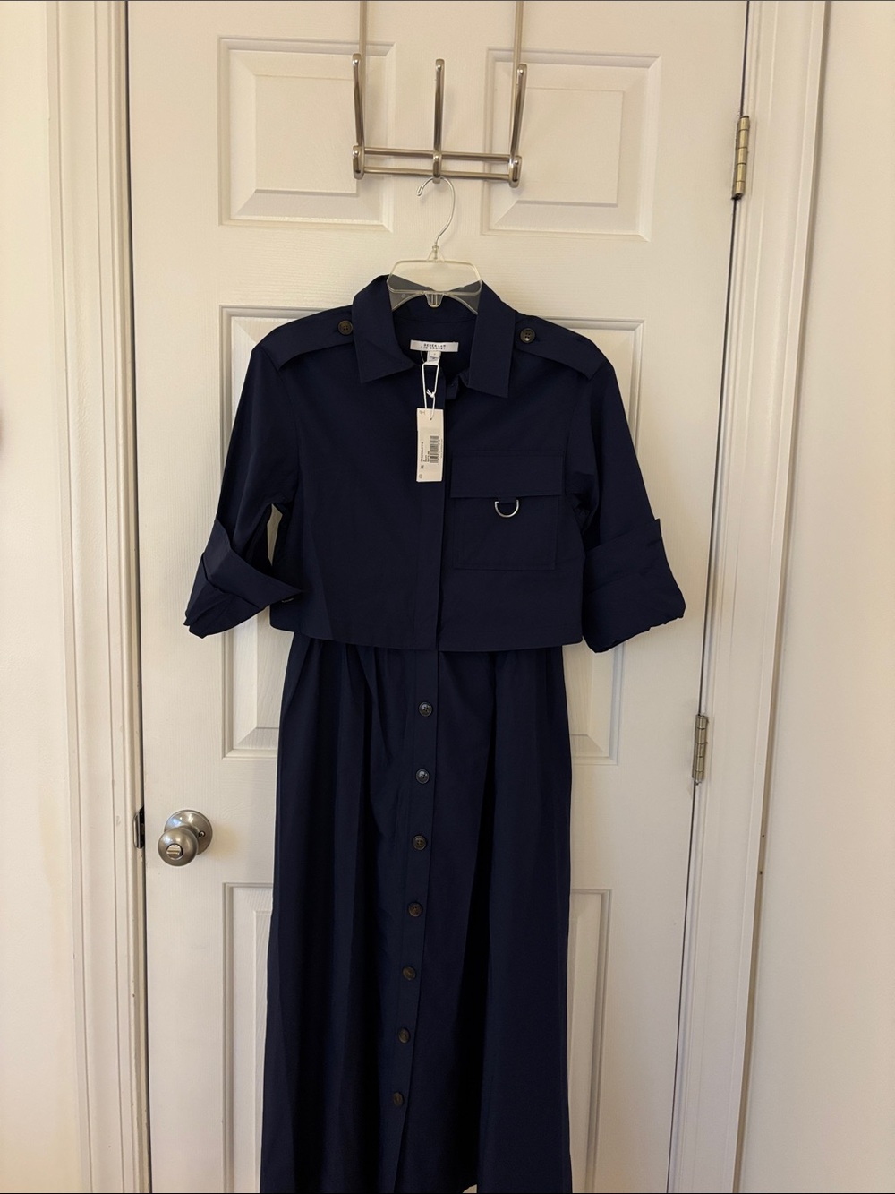 Dereklam 10 Crosby: Navy Button-Front Long Shirt Dress Cotton side pockets nwt